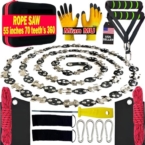 55 Inch High Limb Rope Saw with 70 Sharp Teeth, Effortless 360° Arborist Tree Limb Cutter – Dual Sided Chain Cutting Tool for High Branches, Pocket Wire Chain for Outdoor Adventures with Storage Box