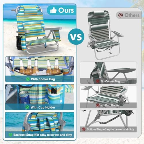 Suteck Beach Chair, Adjustable 5-Position Backpack Beach Chairs for Adults Kids, Foldable Lay Flat Chair with Cooler Bag, Cup Holder and Lumbar Pillow, Reclining Lay Down Chairs for Lawn Outdoor