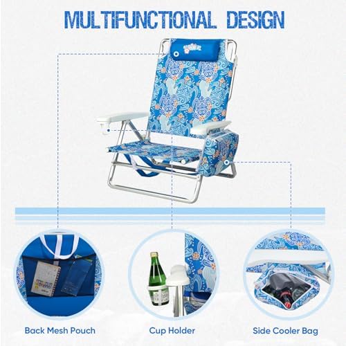 Reclining Beach Chair Backpack 5-Position Lay Flat Lounge Chair for Adults Heavy Duty Portable Folding Lightweight with Cooler Bag Camping Chair for Sand Outdoor