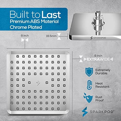 SparkPod Shower Head - High Pressure Rain - Premium Quality Luxury Design - 1-Min Install - Easy Clean Adjustable Replacement for Your Bathroom Shower Heads (Luxury Polished Chrome, 8 Inch Square)
