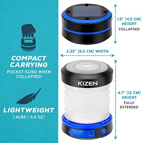 Kizen Solar Camping Lantern Rechargeable - LED Lanterns for Power Outages, Camping Lights, Emergency Flashlight - Collapsible & Rechargeable Lamp with Solar or Plug