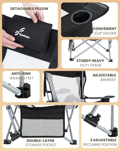 Sportneer Beach Chair: Adjustable Folding Chair with Cup Holder & Side Pocket - Portable & Compact Beach Chairs for Adults with Reclining Positions for Camping Picnic and Outdoor, Black