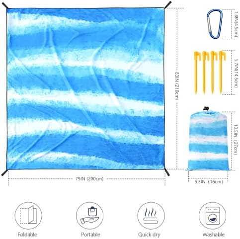 Beach Blanket Waterproof Sandproof Beach Mat 79" X 83" /10'x9'for 2-8 Adults Quick Drying Outdoor Picnic Mat Beach Accessories for Travel, Camping, Hiking