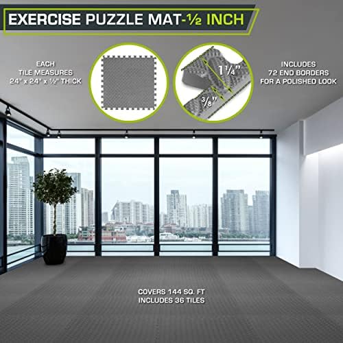 ProsourceFit Puzzle Exercise Mat ½ in, EVA Interlocking Foam Floor Tiles for Home Gym, Mat for Home Workout Equipment, Floor Padding for Kids, Black, 24 in x 24 in x ½ in, 48 Sq Ft - 12 Tiles