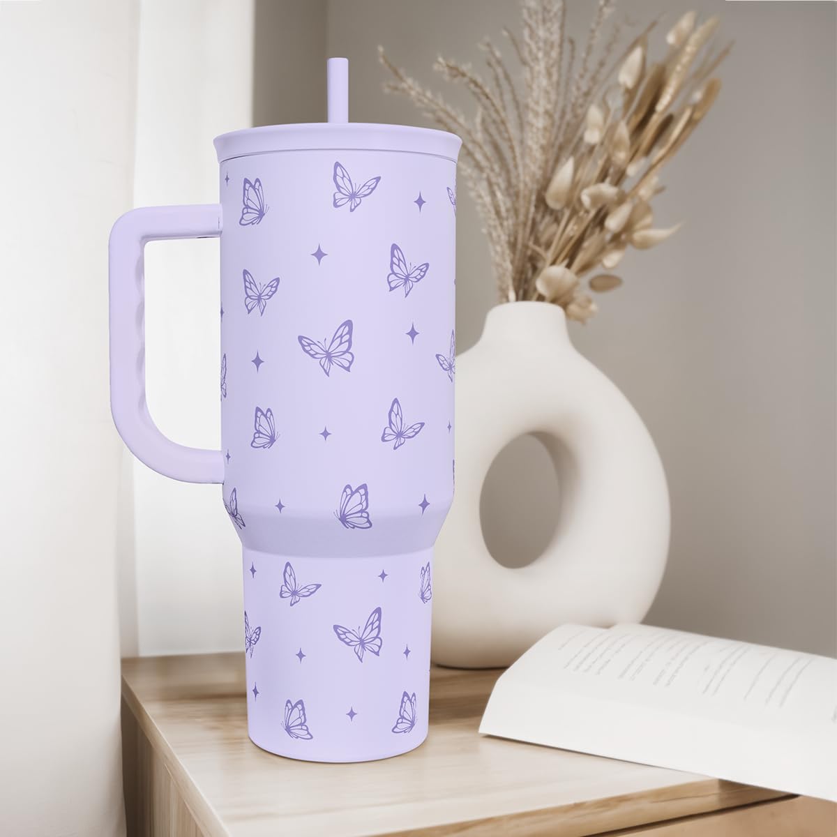 SANDJEST Butterfly Gifts for Women, Purple Butterfly Tumbler with Handle, Stainless Steel Insulated Coffee Travel Mug Cup, Gifts for Women Girls on Birthday Christmas, 40oz