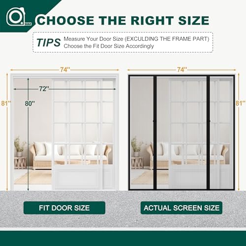 Magnetic Screen Door, Fits Door Size 72" X 80", Door Mesh with Magnetic Closure and Super Strong Magnets, Heavy Duty Double Opening for Sliding Patio and French Doors