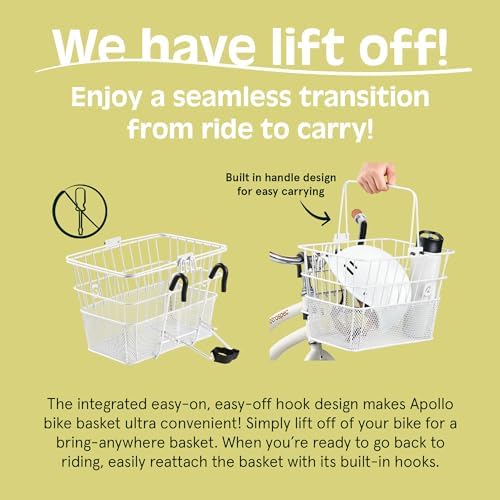 Retrospec Apollo Detachable Front Bike Basket Steel Half-Mesh with Integrated Detachable Hooks and Built-In Handle, Easy Assembly and Portability for Bicycles
