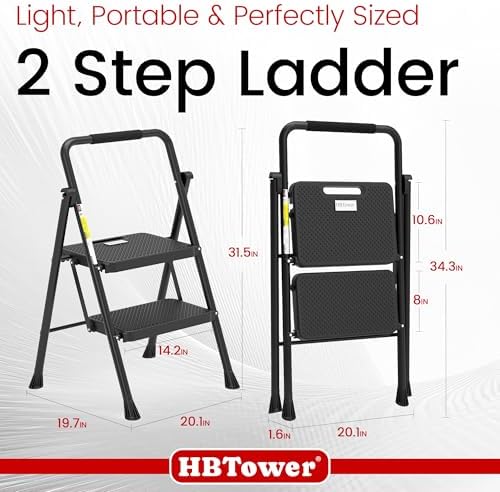 HBTower Step Ladder, Folding Step Stool with Wide Anti-Slip Pedal, Sturdy Steel Ladder, Convenient Handrail, Lightweight, Portable Steel Step Stool