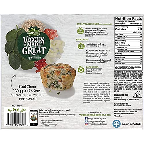 Garden Lites Veggies Made Great Spinach Egg White Frittatas (Pack of 2) - 20 Individually Wrapped Frozen Frittatas in Each Box, 40 Total - Gluten-Free