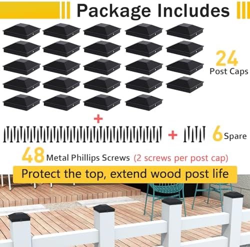 Goovilla 4x4 Post Caps Black(Actual 3.5" x 3.5"), 24 Pack Fence Post Caps with 48 Screws and Easy Installation, Sturdy Waterproof Plastic Deck Post Caps with Frosted Finishing Touch, Protect Wood Post