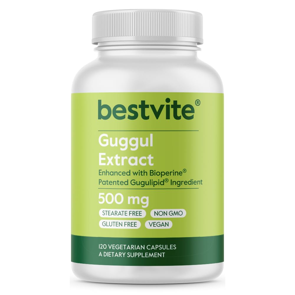 BESTVITE Guggul Extract 500mg (120 Vegetarian Capsules) - Backed by Clinical Research, Patented and Standardized, Enhanced by Bioperine - No Fillers - No Stearates - Vegan - Non GMO - Gluten Free