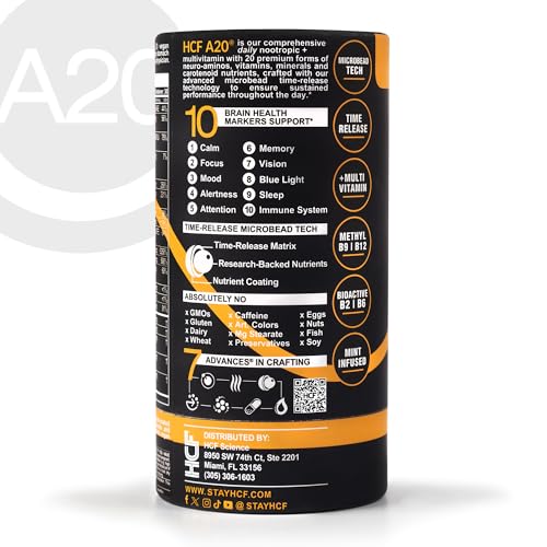 HCF A20 Microbead Brain Health Supplements for Adults for Memory, Focus, Calm, Mood, Alertness, Attention, Vision, Sleep, Immune System, 20 Premium Nootropic Nutrients Multivitamin & 7 Advances® Tech