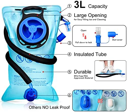 Insulated Hydration Backpack Pack with 3L BPA Free Leak Proof Water Bladder, Large Storage Lightweight Hiking Daypack with Waist Pouches & Cooler Layer, for Running, Biking, Camping, Festival
