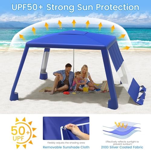 MoKo Beach Cabana, 8'×8' Large Beach Canopy with Side Wall, UPF 50+ Protection Easy Setup Beach Tent Sun Shelter, Adjustable Height Wind Resistant Cabana Beach Tent for Whole Family, Navy Blue