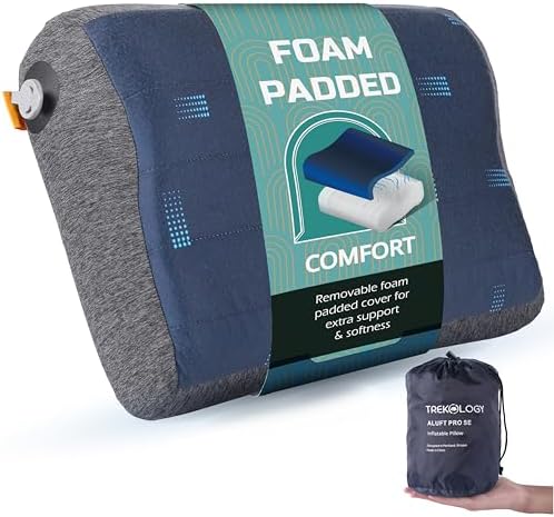 TREKOLOGY Premium Inflatable Camping Pillow with Removable Foam-Padded Case – Noise-Reducing, Ergonomic Design for Outdoor, Backpacking, and Air Travel ALUFT Pro