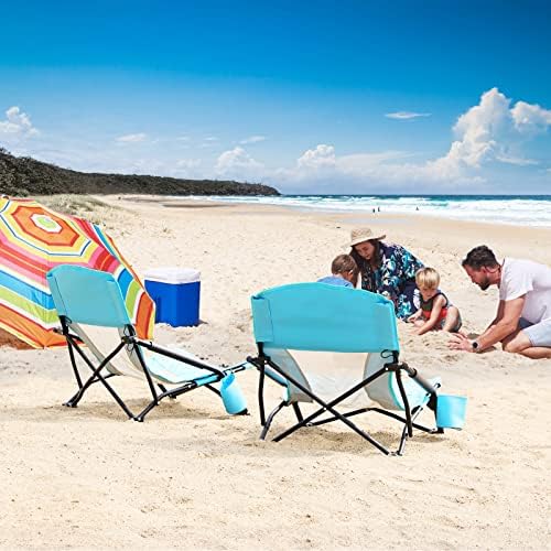 TOBTOS Low Beach Chair, Beach Chairs for Adults 2 Pack, Low Profile Folding with Cup Holder & Carry Bag, Heavy Duty Chair for Outdoor Sand, Camping, Concert, Travel