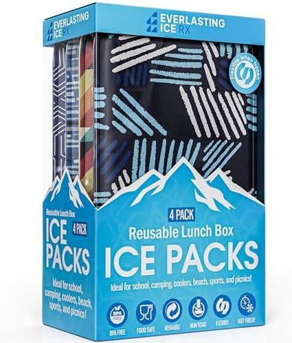 Everlasting Ice RX Reusable Ice Packs for Lunch Boxes & Coolers (4 Pack) Flexible, Long-Lasting, BPA Free, Versatile Soft Ice Pack for Insulated Bags, Picnic, Travel, and More