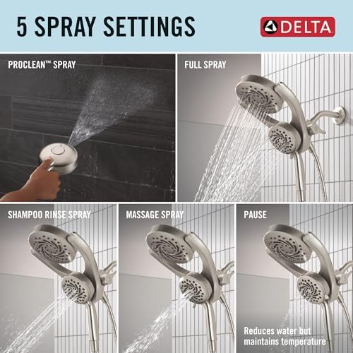 Delta Faucet 5-Setting HydroRain 2-in-1 Dual Shower Head with ProClean Spray, Satin Nickel Round Shower Head with Hose, Hand Held Shower Head, Satin Nickel 75419SN