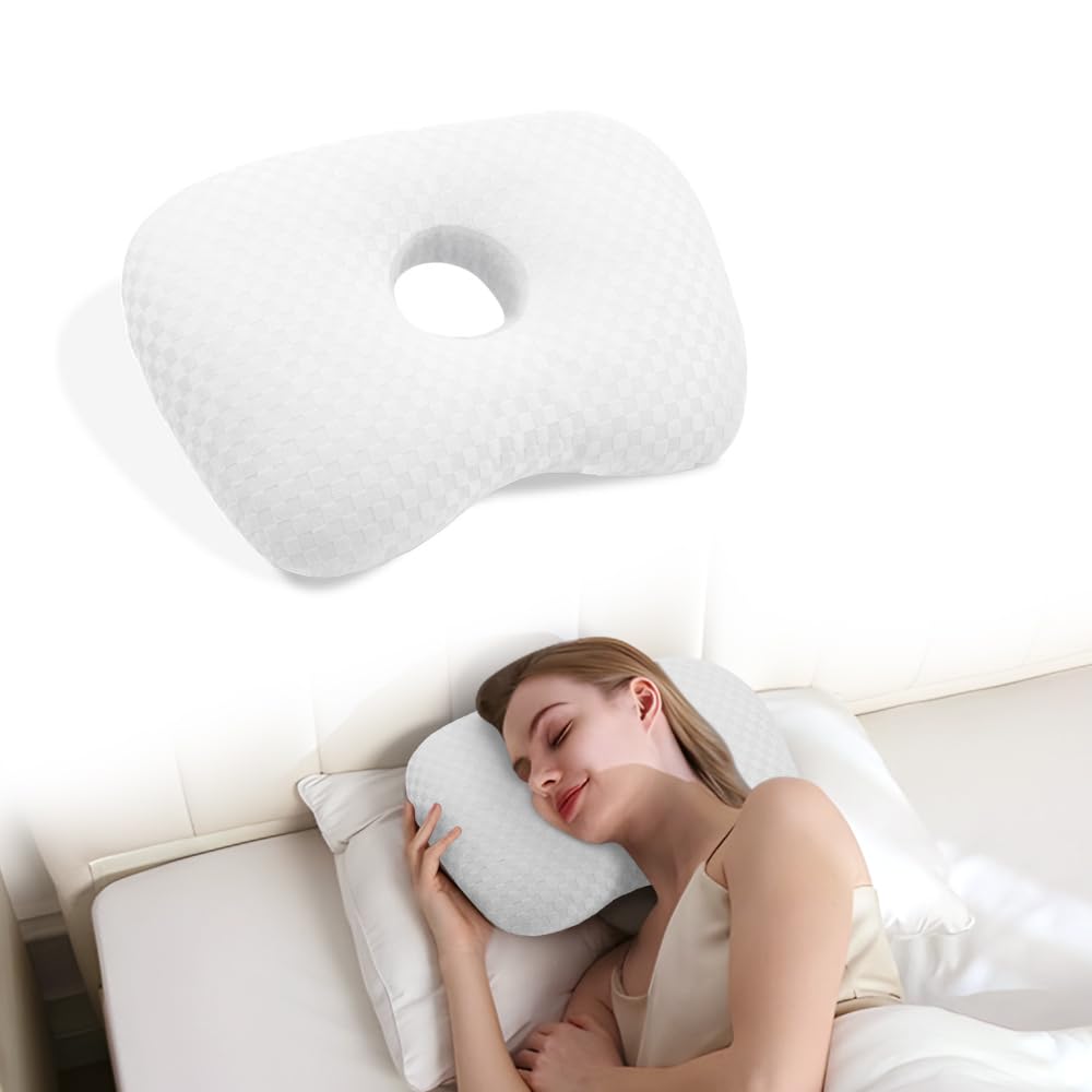 Ear Piercing Hole Pillows Side Sleeper Pillow with an Ear Hole for CNH Side Sleepers and Ear Inflammation Pressure Sores, Adjustable Cotton and Polyester Curved Side Pillow, White