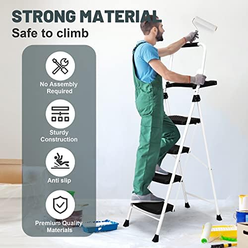 SocTone 4 Step Ladder, Folding Step Stool with Tool Platform, Sturdy& Portable Steel Ladder for Adults, 330LBS Capacity Ladder for Home Kitchen Pantry Office.