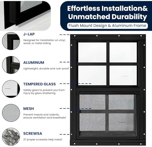 COLORPAPA 2 Pack Shed Windows,12" x 18" Small Sliding Windows,Flush Mount Windows with Tempered Glass and Fiberglass Screen for Shed, Chicken Coop, Playhouse, Household, Garage, Barns (Black)