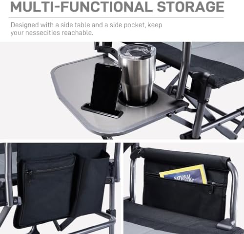 EVER ADVANCED Camping Directors' Chair with Side Table, Portable Folding with Compact Size, Heavy Duty Lawn Chair with Pocket for Camping, Lawn, Sports and Fishing, 400lbs, Black 2 Pack