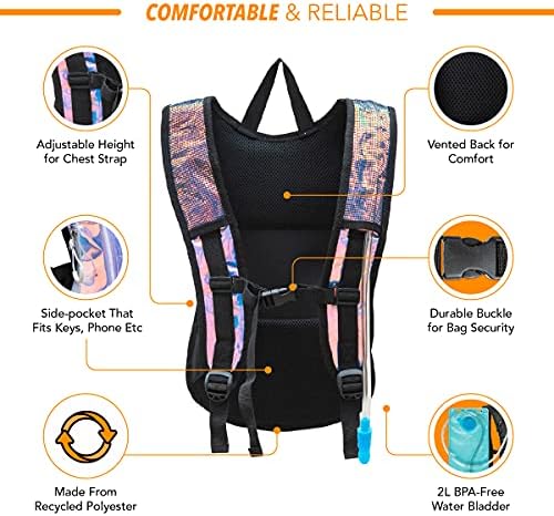 Vibe Festival Gear Hydration Pack Backpack with 2L Water Bladder for Women, Men, Teens, Kids - Hydropack Hydro Sports, Outdoor, Running, Camping, Hiking, Festivals, Raves