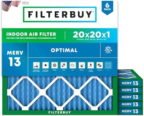 Filterbuy 20x20x1 Air Filter MERV 13 Optimal Defense (6-Pack), Pleated HVAC AC Furnace Air Filters Replacement (Actual Size: 19.50 x 19.50 x 0.75 Inches)