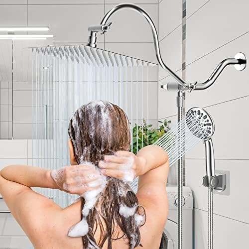 Hibbent All Metal Shower Head, 10'' High Pressure Rainfall Shower Head/Handheld Showerhead Combo with 12'' Adjustable Curved Shower Extension Arm, 7 Sprays, 71'' Shower Hose, Showerhead Holder, Chrome