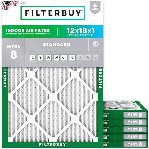 Filterbuy 12x18x1 Air Filter MERV 8 Dust Defense (6-Pack), Pleated HVAC AC Furnace Air Filters Replacement (Actual Size: 11.50 x 17.50 x 0.75 Inches)