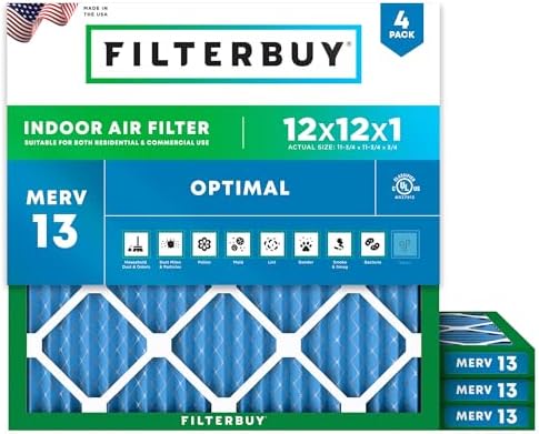 Filterbuy 12x12x1 Air Filter MERV 13 Optimal Defense (4-Pack), Pleated HVAC AC Furnace Air Filters Replacement (Actual Size: 11.75 x 11.75 x 0.75 Inches)
