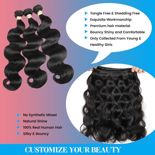 Body Wave Bundles Human Hair 16 18 20 Inch 100% Unprocessed 12A Brazilian Virgin Human Hair Extensions Quick Weave Bundles Hair Natural Black