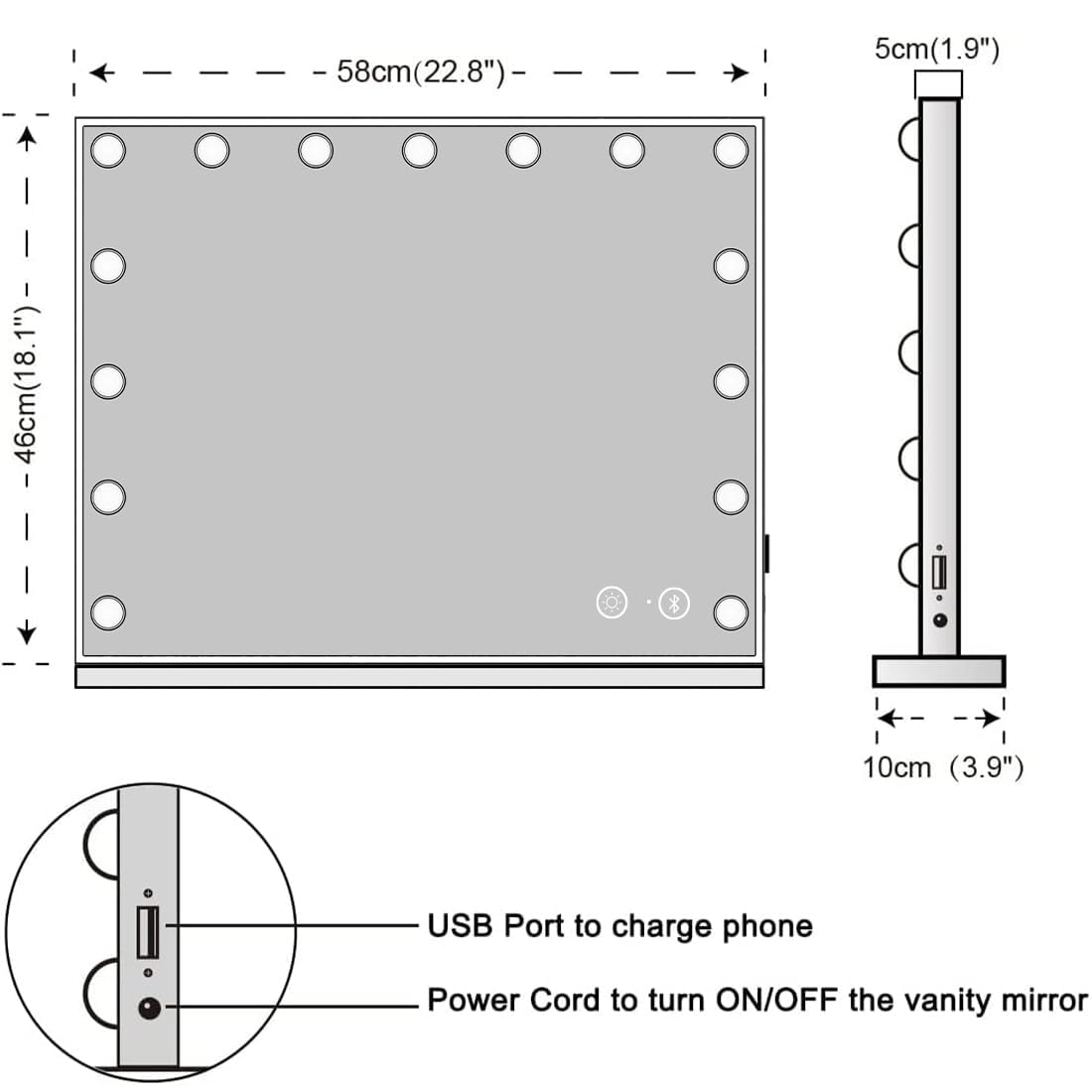 Fenair Vanity Mirror with Lights and Speaker Hollywood Speaker Support Answer Call, Touch Screen, 3 Color Modes Tabletop 15 Dimmable Bulbs