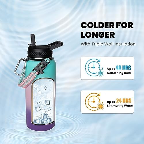Insulated Water Bottle 32 oz, Triple Wall Vacuum Stainless Steel (Cold for 48 Hrs), Leak Proof & Non-BPA, Modern Water Flask Jug with Paracord Handle & Straw Spout Lids, Hydrangea