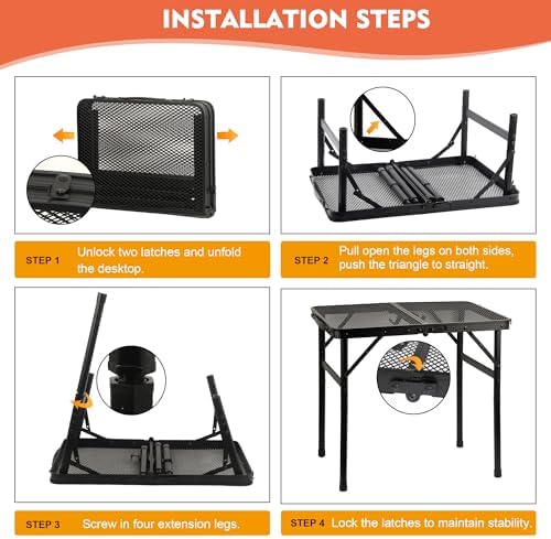 Camping Table with Mesh Desktop, Lightweight & Portable Small Folding Grill Table, Height Adjustable Metal Outdoor Table for Camp, Cooking, BBQ, RV, Picnic-2 FT Black