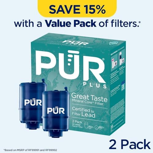 PUR PLUS Faucet Mount Replacement Filter 2-Pack, Genuine PUR Filter, 3-in-1 Powerful, Natural Mineral Filtration, Lead Removal, 6-Month Value, Blue (RF99992)