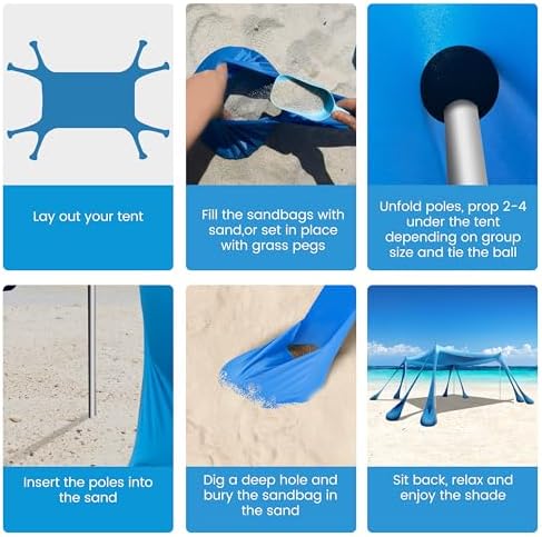 Beach Canopy Beach Tent Pop Up Shade 10x10ft Sun Shelter UPF50+ with 8 Sandbags-2 Sand Shovel-4 Aluminum Poles-Ground Pegs-Portable Carrying Bag for Outdoor Family Camping Fishing Yard Picnic