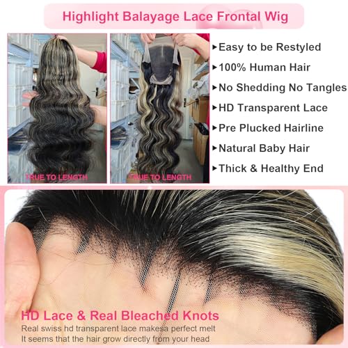 Kephare FB/27 28 Inch Highlight Balayage Wig Human Hair 13x4 HD Lace Front Wigs Body Wave 1B/27 Ash Blonde Omber Lace Front Wigs Human Hair Pre Plucked for Black Women 180% Density
