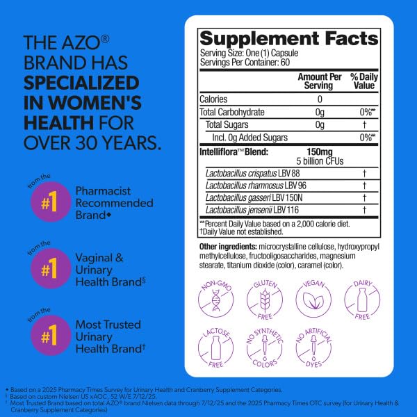 AZO Complete Feminine Balance Daily Vaginal Probiotics for Women,Clinically Proven to Help Protect Vaginal Health,Helps Balance pH and Yeast,60 Count (Pack of 2)