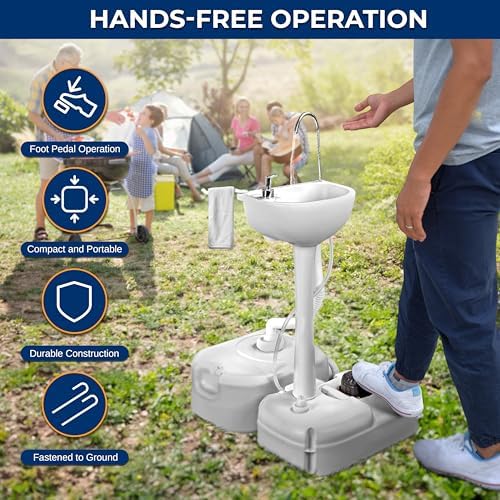 SereneLife Portable Camping Sink with 5 Gallon Water Tank, 6.4 Gallon Waste Tank, Hands-Free Foot Pump, Soap Dispenser & Towel Holder – Perfect for Camping, Worksites, Outdoors