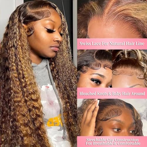 Aimking 13x6 Highlight Ombre Lace Front Wig Human Hair Wigs For Women 180% Density 4/27 HD Deep Wave Lace Frontal Wigs Curly Honey Blonde Wig Human Hair Pre Plucked With Baby Hair Colored (26 Inch)