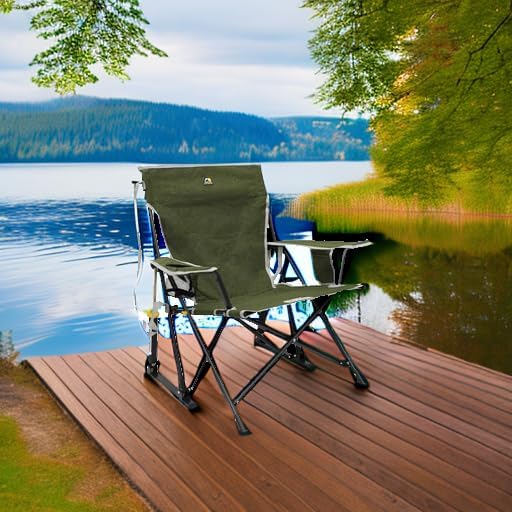 GCI OUTDOOR Kickback Rocker Camping Chair | Portable Folding Rocking Chair with Durable Armrests, Drink Holder & Relaxed Lowered Seat for Comfort — Loden Green