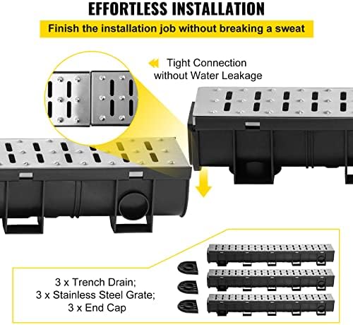 VEVOR Trench Drain System, Channel Drain with Metal Grate, 5.9x5.1-Inch HDPE Drainage for Garage Floors, Black Plastic Trench with End Caps, 3x39 Grate - 3 Pack