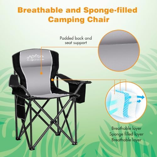 2PCS Folding Camping Chair Portable Outdoor Heavy Duty Padded Chairs Lawn Chair with Cup Holder, Storage Pocket and Cooler Bag, Supports 450LBS Black
