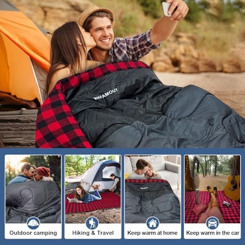 Cotton Flannel Double Sleeping Bag for Adults Machine Washable 2 Person Camping Sleeping Bag Queen Size Waterproof with Compression Sack for Cold Weather 3-4 Seasons