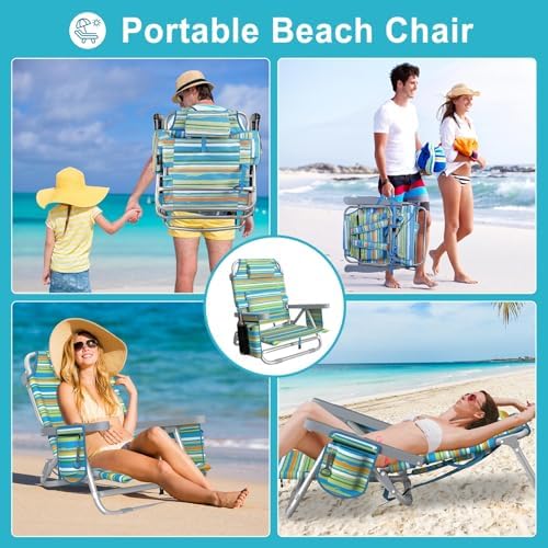 Suteck Beach Chair, Adjustable 5-Position Backpack Beach Chairs for Adults Kids, Foldable Lay Flat Chair with Cooler Bag, Cup Holder and Lumbar Pillow, Reclining Lay Down Chairs for Lawn Outdoor