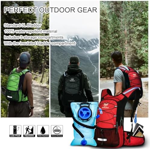 Insulated Hydration Backpack Pack with 3L BPA Free Leak Proof Water Bladder, Large Storage Lightweight Hiking Daypack with Waist Pouches & Cooler Layer, for Running, Biking, Camping, Festival
