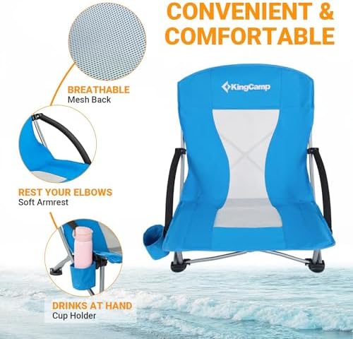KingCamp Low Beach Chairs, Portable Folding Chair for Adults Extra Wide Ergonomic High Back Seat 300lbs Heavy Duty Lightweight Oversized Gear with Carry Bag for Outdoor Lawn Camping Picnic