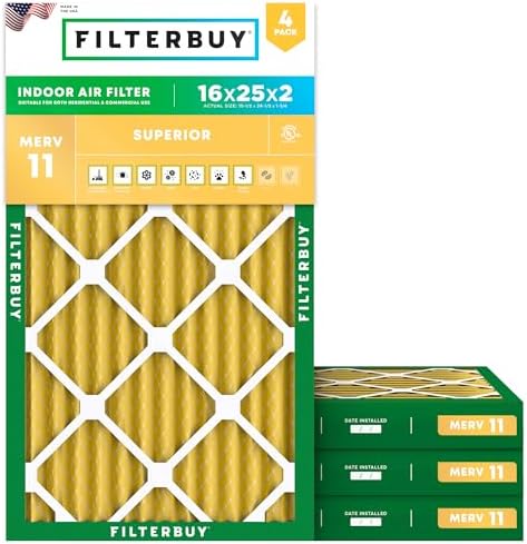 Filterbuy 16x25x2 Air Filter MERV 11 Allergen Defense (4-Pack), Pleated HVAC AC Furnace Air Filters Replacement (Actual Size: 15.50 x 24.50 x 1.75 Inches)