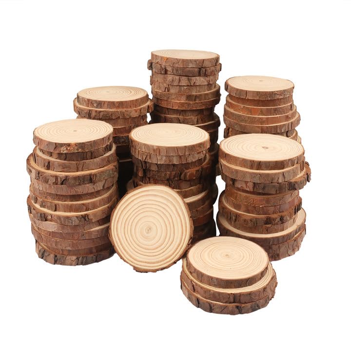 70 PCS 3-4 Inch Natural Wood Slices, Unfinished Pine Wood Circles with Barks for Coasters, DIY Crafts, Christmas Rustic Wedding Ornaments and Centerpieces,by GNIEMCKIN.